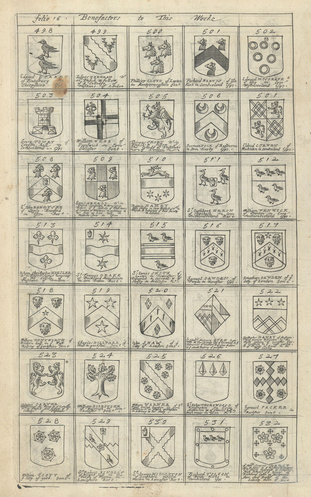 Family coats of arms of benefactors to Blome's Britannia. Folio 16 #498-532 1673